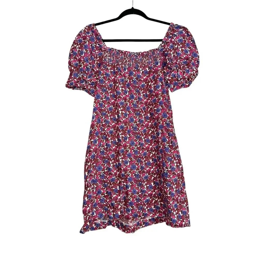 J. Crew Afternoon Linen Short Sleeve Floral Mini Dress XS in Berry Floral